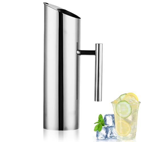 1.5L/53oz Stainless Steel Water Pitcher with Ice Guard, Modern Metal Water Pitcher Silver Carafe Drink Pitcher with Handle and Lid, Beverage Container Jug for Juice Coffee Milk, Iced/Hot Tea - size: Medium