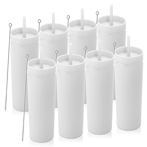 Volhoply 20oz Tumbler with Lid and Straw 8 Pack,Double Wall Plastic Skinny Tumblers Bulk,Reusable Travel Cute Coffee Mug,BPA Free Matte Acrylic Water Cups With Straw for Party,DIY Gifts(White,8 Set) - color: White
