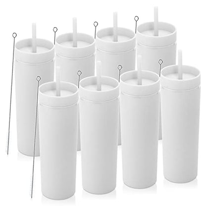Volhoply 20oz Tumbler with Lid and Straw 8 Pack,Double Wall Plastic Skinny Tumblers Bulk,Reusable Travel Cute Coffee Mug,BPA Free Matte Acrylic Water Cups With Straw for Party,DIY Gifts(White,8 Set) - color: White
