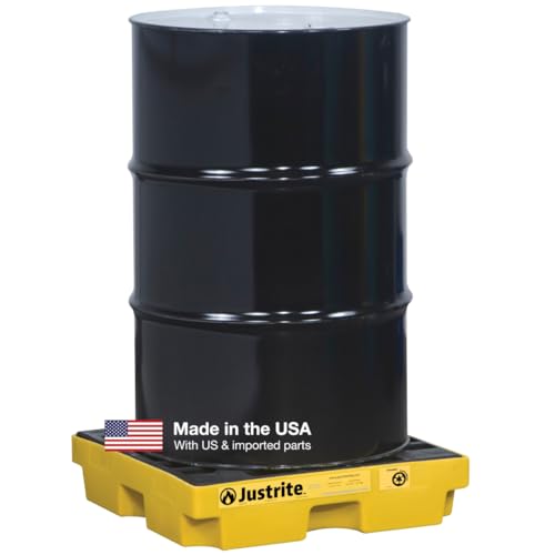 Justrite Low Profile 1 Drum Spill Containment Pallet Accumulation Center - 5.5" Tall - 12 Gal Capacity for 55 Gallon Drum Containment - Made in The USA from 30% Recycled Polyethylene - Yellow - 28652 - color: Yellow, style: 1 Drum