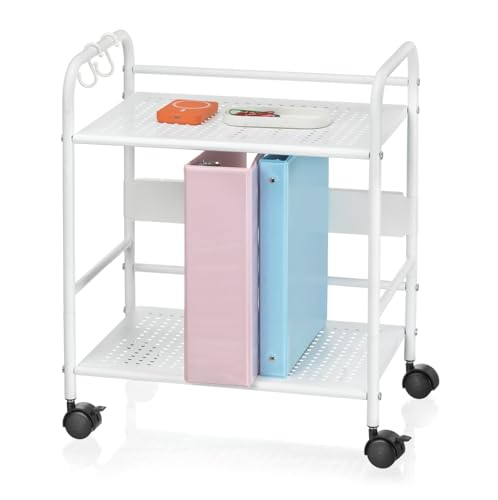 2-Tier Metal Rolling Cart, Compact Under Desk Storage Organizer - color: White