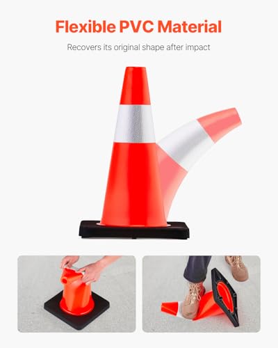 VEVOR Safety Cones, 5 Pack 18" Traffic Cones, PVC Orange Construction Cones with Reflective Collars and Black Weighted Base, for Traffic Control, Driveway Road Parking and School Improvement - size: 18"H(5Pack)