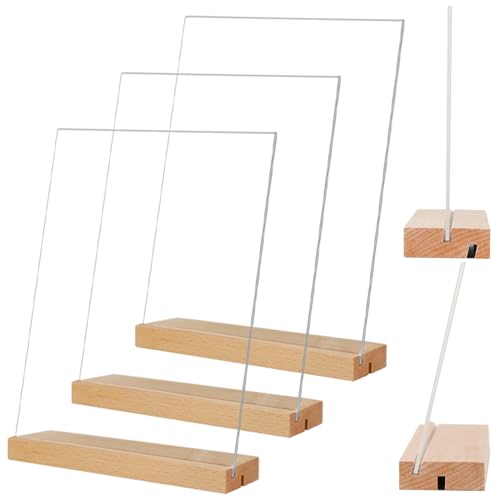 TONICE 5x7 Acrylic Sign Holder with Wood Base 3 Pack L/T Shape Vertical or Slant Back Display for Wedding, Restaurant, Store, Office, Hotel - color: 5x7 3 Pack