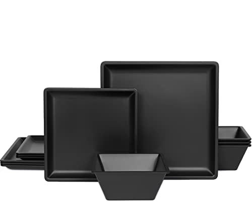12 Piece Melamine Plates and Bowls Sets，Black Square Dinnerware Set for 4 - color: Pure Black