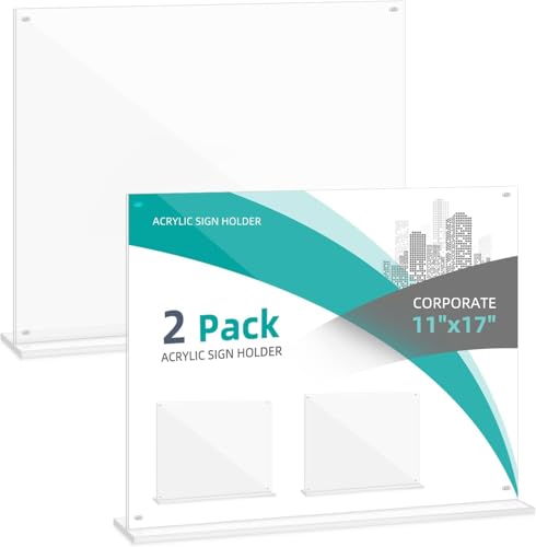 17x11 Acrylic Sign Holder Table Top with Magnetic Corners, 2-Pack – Quick Change Display Stand for Menus, Posters and Ads, Restaurant, Office, Events, Retail, Large Size
