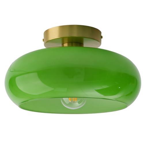 Green Ceiling Light - Mid Century Modern Flush Ceiling Light with Milk Glass Globe and Dark Green Lamp Shade in Brushed Brass Close to Lamp for Dining Room Hallway Kitchen Island - color: Flush-Green