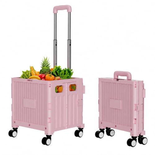 Foldable Shopping Cart with Wheels: Pink Rolling Utility Crate - color: Pink