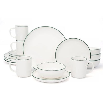OTAGO 16-Piece Dinnerware Set for 4 with 4 Mugs, White with green rim Stoneware Plates and Bowls Sets, Ceramic Dish Set for Kitchen, Dinner & Dining, Green Rim, Microwave & Dishwasher Safe