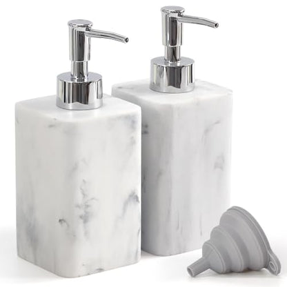 YMXYJM 2 pcs Hand Soap Dispenser Set, 11oz Refillable Resin Liquid Soap Dispensers with Rustproof Pump, Lotion Dispenser Includes Silicone Funnel for Bathroom Countertop or Kitchen, Marble-Effect - color: Marble White