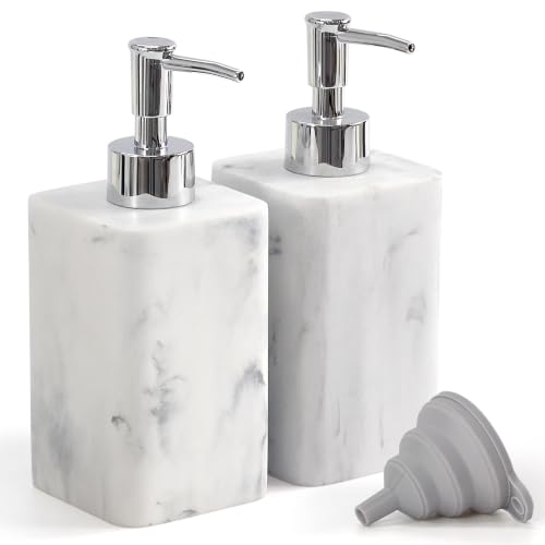 YMXYJM 2 pcs Hand Soap Dispenser Set, 11oz Refillable Resin Liquid Soap Dispensers with Rustproof Pump, Lotion Dispenser Includes Silicone Funnel for Bathroom Countertop or Kitchen, Marble-Effect - color: Marble White
