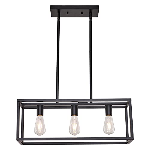 Farmhouse Rectangle Chandeliers for Dining Rooms, Modern Linear Hanging Light Fixture Matte Black 3-Light Industrial Pendant Lighting for Kitchen Island - color: Black, size: 3 Lights