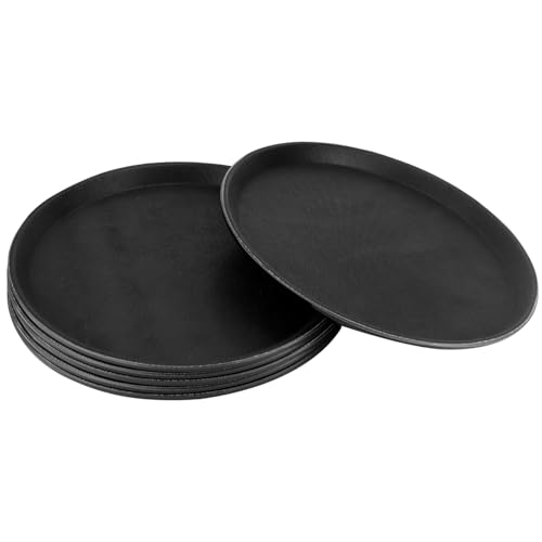 QWORK 11" Round Restaurant Serving Tray, 6 Pack Non-Slip Tray, Black Plastic Meals Server Tray