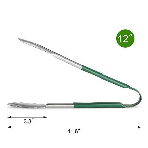 New Star Foodservice 12 Inch Utility Spring Tongs, Set of 12, Commercial Restaurant Grade Stainless Steel Tongs with Green Vinyl Coated Handles - color: Green, size: 12-Inch