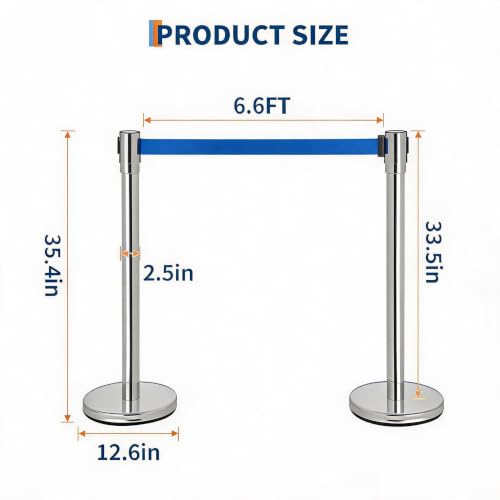 Crowd Control Barriers 2 Pack, 2 Stanchions with 2 Retractable Belts - color: Silver + Blue, size: 2 Stanchions + 2 Belt