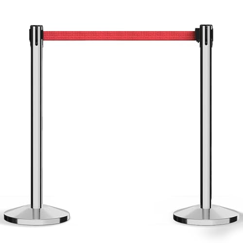 Crowd Control Warehouse 2-Pack Retractable Belt Barriers, 11ft Red Belt - color: Red Belt with Polished Stainless Steel Post