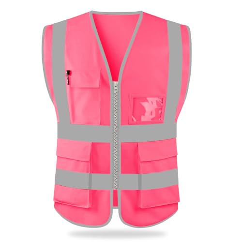 HYCOPROT High Visibility Safety Reflective Vest with Pockets and Zipper, Meets ANSI/ISEA Standards - color: Pink, size: X-Large