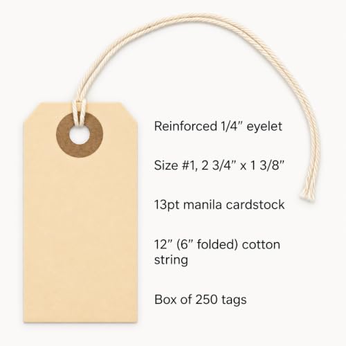 250 Small Manila Tags with String Attached #1, 2 3/4" x 1 3/8"