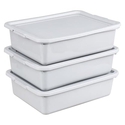 3 Pack 13 Liter Commercial Bus Tub Box Tote with Lids, Light Gray