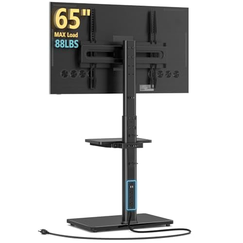 AX WABER Floor TV Stand with Power Outlet& Shelf, Universal TV Stand Mount for 27-65 inch TV up to 88lbs, 70 Degree Swivel 9 Level Height Adjustable with Tempered Glass Base for Bedroom, Office Black - color: Black, size: Floor TV Stand with Power Outlet