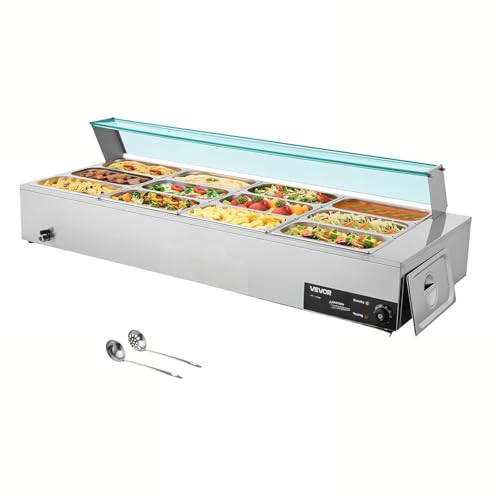 VEVOR Commercial Food Warmer, 1700W Electric Stainless Steel Steam Food Warmer with Glass Cover, 12-Pan Countertop Buffet Bain Marie with Soup & Perforated Ladles, for Catering, Restaurant & Party - size: 56.3 x 22.44 x 15.16 in