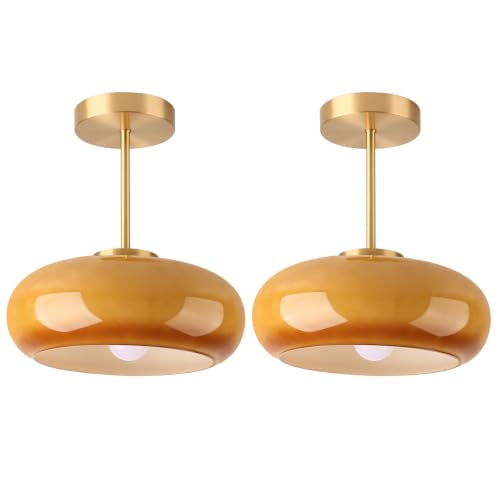 Gold Brass Semi Flush Mount Ceiling Light Orange Glass Ceiling Lamp - color: Orange-2