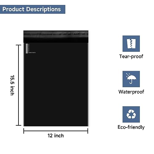 KKBESTPACK Black Poly Mailers 12x15.5 in, Shipping Bags, 100 Pcs - color: Black, size: 12" x 15.5" 100pcs