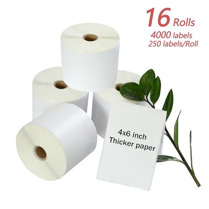 4000 PCS Thermal Shipping Labels 4x6, White Perforated & Smudge-Proof Direct Thermal Labels (250 Labels/Roll), Compatible with Zebra, Rollo, Jadens, Nelko (16 Rolls)