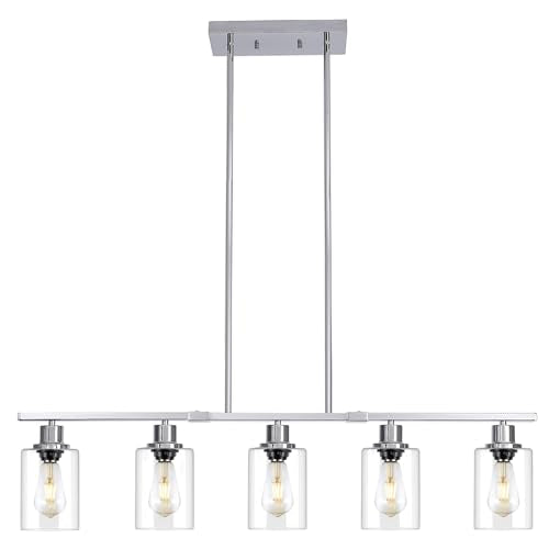 39.4" Kitchen Island Lighting, 5 Lights Clear Glass Pendant Light Fixtue, Chrome Linear Metal Chandelier for Dining&Living Room Foyer,Height Adjustable,E26 Socket - color: Chrome