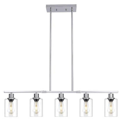 39.4" Kitchen Island Lighting, 5 Lights Clear Glass Pendant Light Fixtue, Chrome Linear Metal Chandelier for Dining&Living Room Foyer,Height Adjustable,E26 Socket - color: Chrome