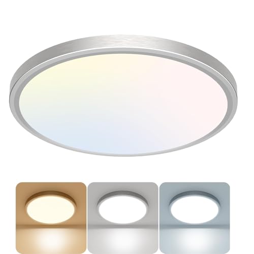 libtit 12 inch Flush Mount LED Ceiling Light Fixture, 3000K 4000K 6500K Adjustable, 28W 3200lm Brushed Nickel Satin Round Lighting Fixtures for Bathroom Shower Hallway Kitchen - color: Brushed Nickel, size: 12in-1Pack