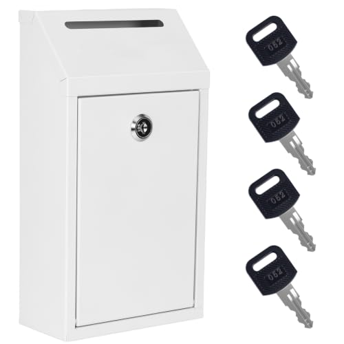 Sumerfnt Locking Cash Box with Slot, Metal Money Donation Box with Lock and 4 Keys Wall Mount, Cash Drop for Farm Stand, Self-Serve Stand, Tips, Fundraising, White - color: White