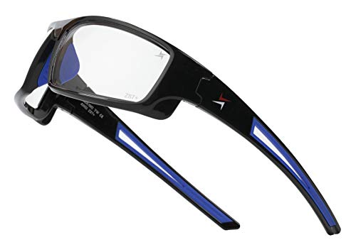 X Power ANSI Z87+ Safety Sunglasses Impact Resistant Polycarbonate Lens & Double Injection Frame - color: 002 Black & Blue Frame / Clear Lens