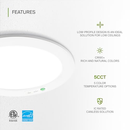 ASD 6 Inch LED Recessed Light with Emergency Backup, 90 Min Battery, 5CCT 2700K-5000K, 9W/12W/15W Selectable, Dimmable Wafer Downlight, Ultra-Thin Ceiling Light, IC Rated, ETL & ES, White, 1 Pack