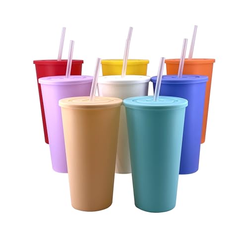32 oz Cup with Lid Straw set of 8, Reusable Plastic Tumblers Pastel - color: Pastel Color