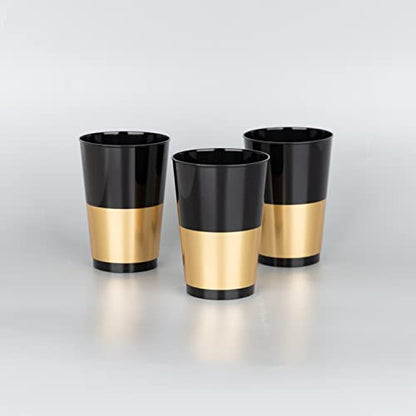 PLASTICPRO Disposable 12 oz Black Plastic Tumblers With Gold Band for Party's & Weddings pack of 40 - color: Black With Gold Band