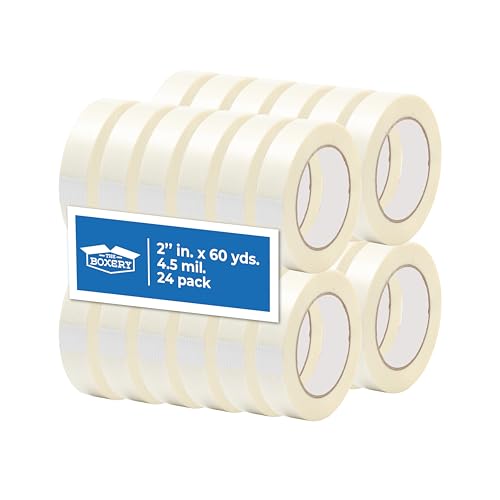 The Boxery 2" x 60 Yards Filament Tape – 24 Rolls – Heavy-Duty Fiberglass Reinforced Strapping Tape – 4.5 Mil Synthetic Rubber Adhesive, High-Tensile Strength, Box Sealing, Bundling & Palletizing
