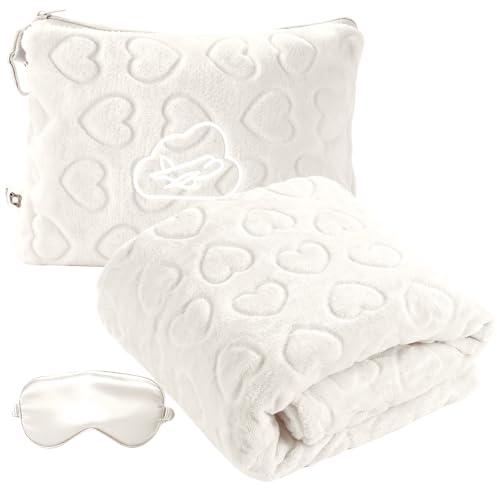 Travel Blanket, Airplane Blanket, Ultra-Soft, Warm & Lightweight, 65x40 in, Outdoor Blanket Essentials for Women, Men & Kids, Included Eye Mask, Luggage Sleeve & Backpack Clip Heart Cream - color: Heart Cream White