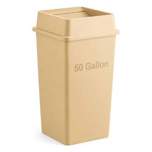 1 Pack Beige 50 Gallon Commercial Trash Can with Lid, Extra-Large Square Resin Waste Bin with Built-in Handles for Restaurant, Warehouse, School, Office and High-Traffic Areas - color: Beige, size: 50 Gallon