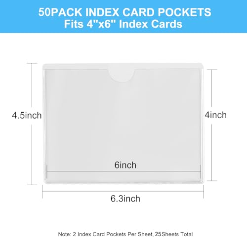 50 Pack Adhesive 4" x 6" Index Card Pockets with Top Open for Loading Clear Index Card Holder Plastic Label Holders for Storage Bins Library Card Shelves Organizing and Protecting Your Cards