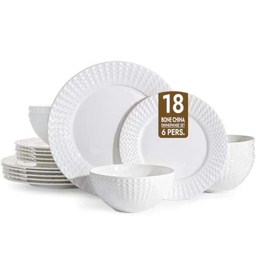KINGSTONE 18Pc Rhombus Edge White Bone China Set, Service for 6 - color: White-Rhombus, size: service for 6-18pcs
