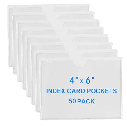 50 Pack Adhesive 4" x 6" Index Card Pockets with Top Open for Loading Clear Index Card Holder Plastic Label Holders for Storage Bins Library Card Shelves Organizing and Protecting Your Cards
