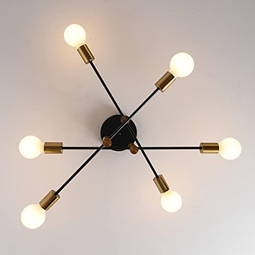 Garwarm Ceiling Light Fixture, 6-Lights Black and Gold Mid Century Semi Flush Mount Ceiling Light,Modern Sputnik Chandelier for Kitchen Dining Room Bedroom Entryway Hallway - color: 6-Lights,Black and Gold