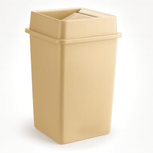 35 Gallon Beige Square Plastic Trash Can with Lid Heavy Duty | Indoor Outdoor Commercial Waste Container with Optional Lid for Restaurants, Parks, Schools, Public Spaces - color: Beige, size: 35 gallon with lid