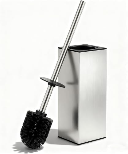 Toilet Brush and Holder Set, NEWRAIN Stainless Steel Toilet Brush with Long Brush Handle, Brushed Nickel Toilet Scrubber and Covered Holder, Square Design Sturdy and Space Saving, Covered Brush