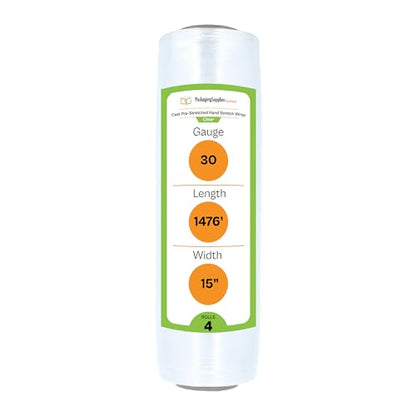 PSBM 4 Rolls 15 Inch x 1476 Feet 30 Gauge Pre-Stretched Film/Wrap, Industrial Strength Clear Shrink/Plastic Wrap for Moving, Packing, Shipping, Pallet Wrapping & Storage - size: 15 Inch, style: 30 GA