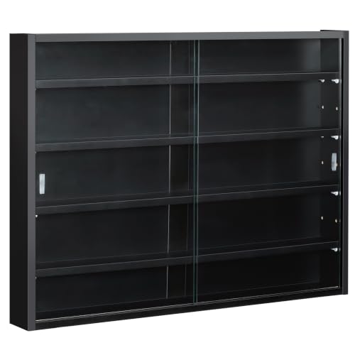 HOMCOM 5-Tier Wall Mounted Display Cabinet Glass Doors Black - color: Black