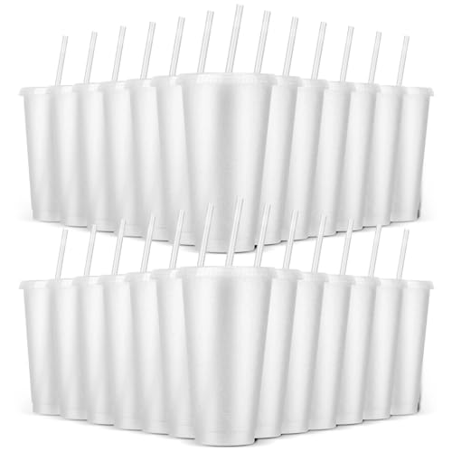 24 Pack Plastic Tumblers with Lids and Straw, Reusable Cups with Lids and Straws White Cups for Cold Drink Iced Coffee, Plastic Tumbler Bulk for Party Birthday Gifts (24 oz, White) - color: White-24pcs