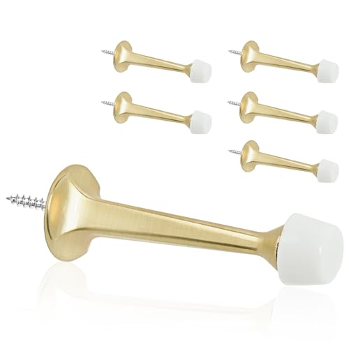 6 Pack Gold Solid Rigid Door Stops - Heavy Duty Door Stoppers Wall Protector with Soft Rubber Tips, Brushed Brass - color: Brushed Brass, size: 6 Pack
