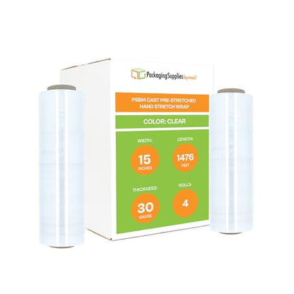 PSBM 4 Rolls 15 Inch x 1476 Feet 30 Gauge Pre-Stretched Film/Wrap, Industrial Strength Clear Shrink/Plastic Wrap for Moving, Packing, Shipping, Pallet Wrapping & Storage - size: 15 Inch, style: 30 GA
