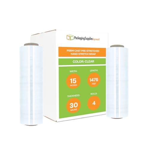 PSBM 4 Rolls 15 Inch x 1476 Feet 30 Gauge Pre-Stretched Film/Wrap, Industrial Strength Clear Shrink/Plastic Wrap for Moving, Packing, Shipping, Pallet Wrapping & Storage - size: 15 Inch, style: 30 GA